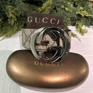 Gucci Beige Monogram Belt with Shiny Silver Buckle